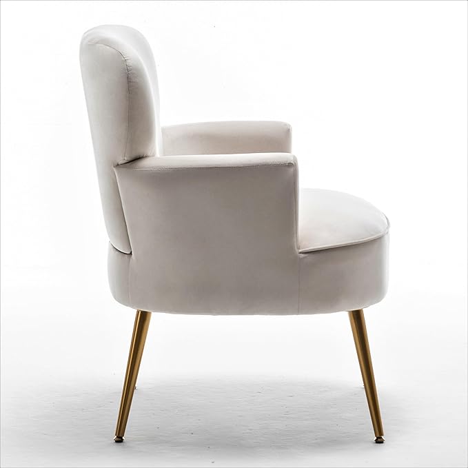 Trendy Velvet Accent Chair with Gold Metal Legs Upholstered Armchair for Small to Mid-Size Spaces Modern Living Room Bedroom Vanity Desk and Entryway Ivory