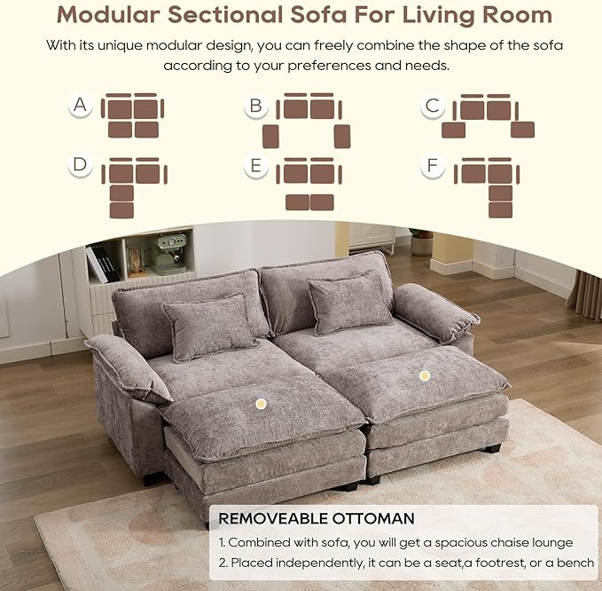 IPKIG 82.6 Sectional Sofa Cloud Couch Modern Chenille Comfy Upholstered 2-Seat Sofa with 2 Ottoman 2 Lumbar Pillow Deep Seat Modular Couch for Living Room Apartment Office Studio Light Grey |