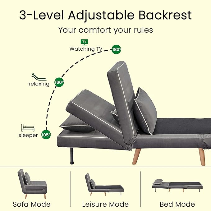 3-in-1 Convertible Sofa Bed Futon Sofa Bed with Pillow &amp Adjustable Backrest Recliner Sleeper Sofa for Small Spaces Living Room Bedroom or Office Grey 3 Set