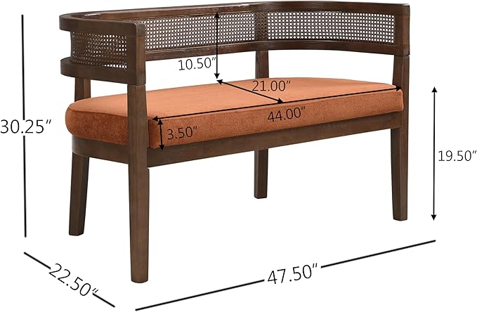 Christopher Knight Home Xiza Modern Fabric Upholstered Loveseat Sofa with Rubberwood Frame Comfy 2-Seater Sofa Couch and Rattan Backrest Love Seat Couches for Living Room Dark Orange + Walnut