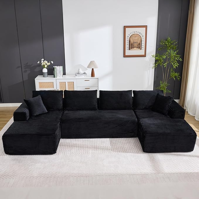 Boneless Couch U Shaped Sectional 130'' Modern Modular Cloud Couch with 2 Chaise Lounge 4-Seat Corduroy Deep Seat Sofa with Pillows for Living Room