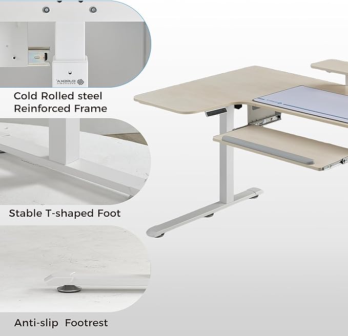 EUREKA ERGONOMIC 55 Inch L Shaped Electric Standing Desk Height Adjustable Computer Gaming Desk with Keyboard Tray Mouse Pad Home Office Work Maple Wood Left Side
