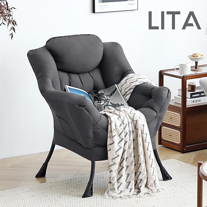 LITA Lazy Chair with Armrests and Side Pocket Modern Upholstered Accent Reading Chair for Living Room Bedroom Dorm Small Spaces Single Dark Grey