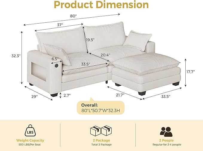 80 L Shaped Sofa Sectional Cloud Couch with Ottoman Modern Chenille Fabric Sofa with Wide Armrest Storage Charging Station Led Lights for Living Room Bedroom and Apartment White