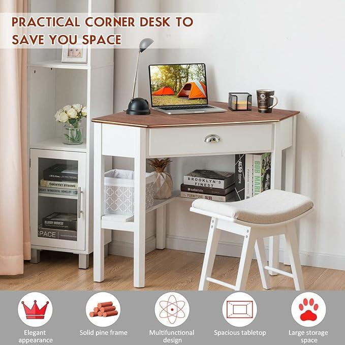 Corner Desk Compact Home Office Corner Desk Organizer90 Degrees Triangle Computer Table Laptop Writing Table for Small Spaces with Storage Shelf and Drawer (White)