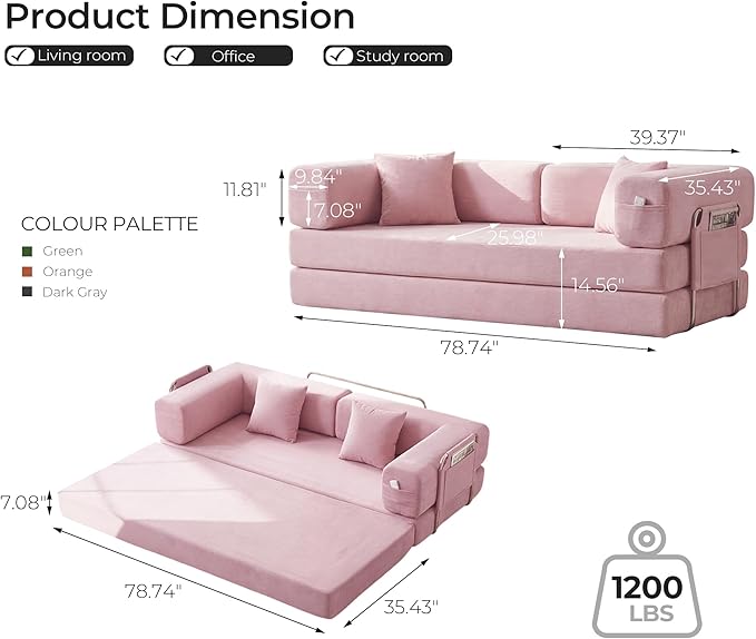 79 Convertible Sofa Bed with Pillows Corduroy Folding Sleeper Sofa with Fixed-Shape Frame Boneless Couch for Living Room Bedroom Floor Sofa Lounge No Assembly Required (A - Style - Pink)