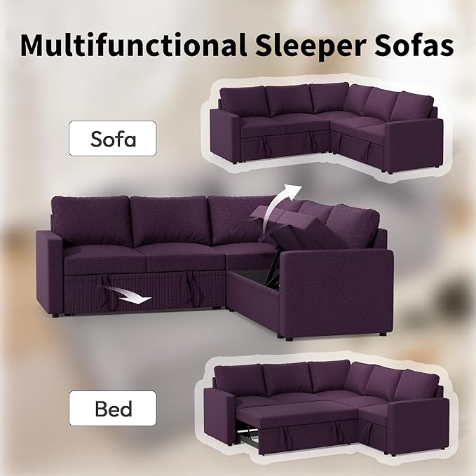 Modular Sofa Bed Couch with Storage 82 Reversible Sleeper Sofas with Pull Out Bed Pull Out Couch for Living Room Apartment Bedroom Office Dark Purple