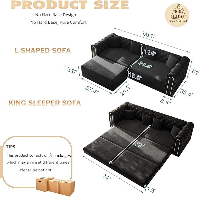 90.6'' Futon Sofa Bed Chesterfield Velvet Sleeper Sofa Convertible Floor L-Shaped Couch Tufted Back 4 Pillows Gold Edge Trim Deep Loveseat Couches for Living Room Apartment Gold Black