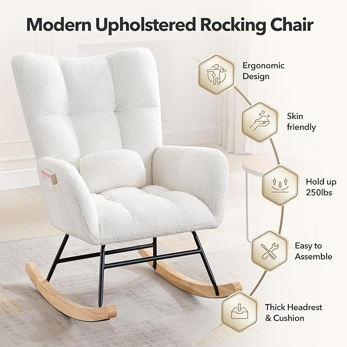 Nursery Rocking Chair Upholstered Padded Seat Rocking Chair with High BackrestModern Accent Recliner for Living Room Bedroom Cozy Reading