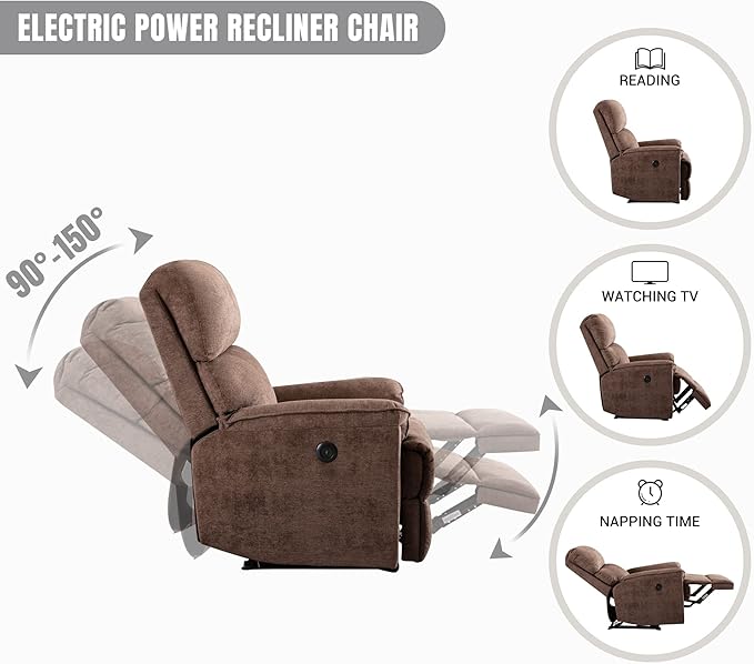EBELLO Power Recliner Chair Electric Recliner Breathable Fabric Single Overstuffed Recliner Sofa with USB Charge Port for Elderly Living Room Bedroom Brown
