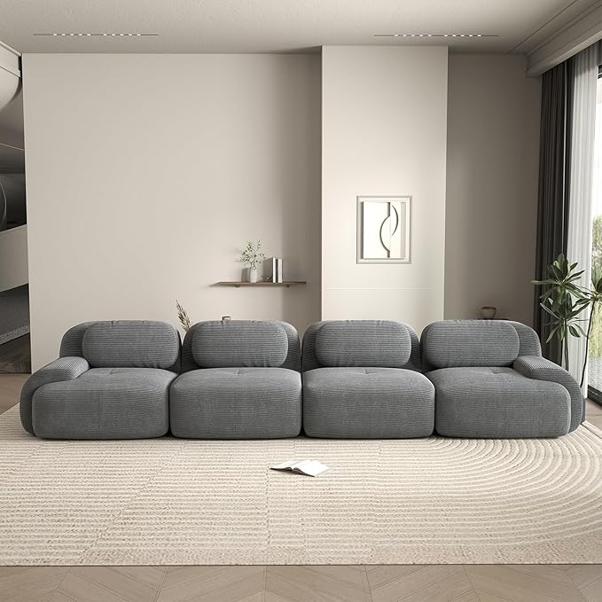 152 Modern Boneless Couches for Living Room Corduroy Cloud Couch Sectional Grey Modular Sectional Sofa 4 Seater Sofas for Living Room Sofas para Sala Deep Seat Couch (Gray 4 Seater)