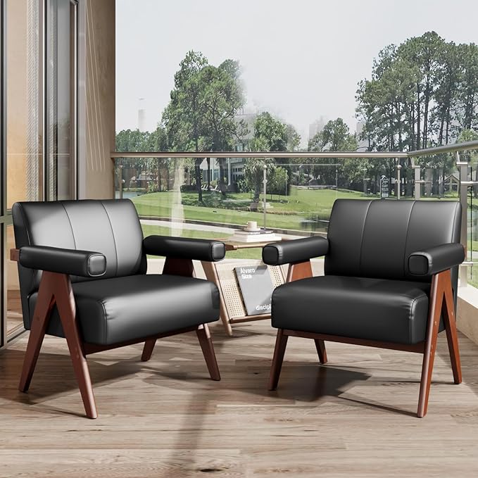 STHOUYN Black Leather Accent Chairs Set of 2 Mid Century Modern Accent Chair Side Arm Chairs for Living Room Office Guest Waiting Room Chairs (2 Black)