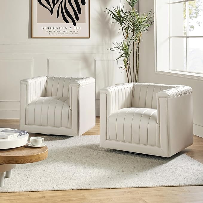 HULALA Home Faux Leather Swivel Accent Chair Set of 2 Boxy Silhouette Chair with Striped Arm Leather Barrel Chair with Herringbone Pattern(Ivory)