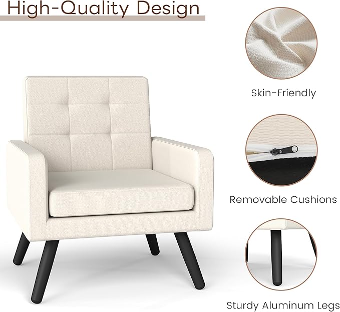 Accent Chair for Living Room Set of 2 Mid-Century Modern Comfy Upholstered Armchair with Large Seat Single Sofa Reading Chair 496 Lb. Weight Capacity for Bedroom Apartment Cream