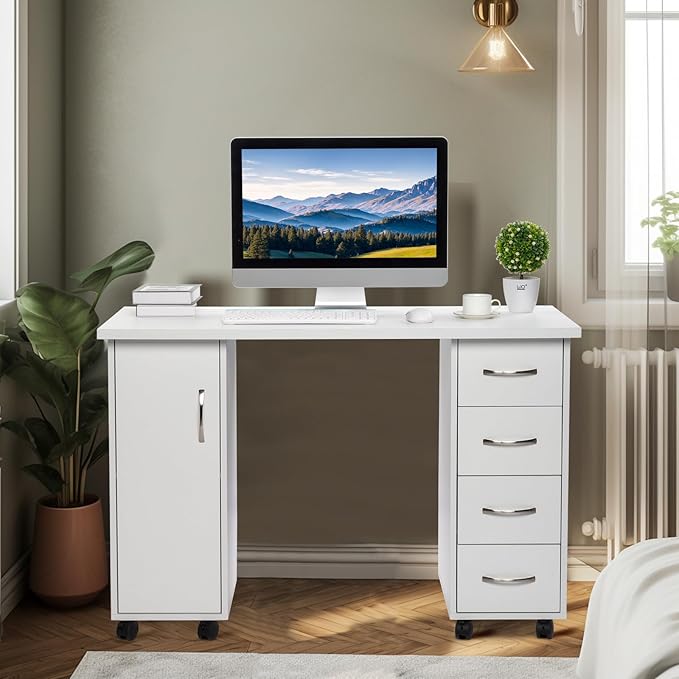 Vasitelan Computer Desk with WheelsHome Office Desk with 4 Drawers &amp Storage Cabinet Laptop Workstation for Home &amp Office SuppliesWhite