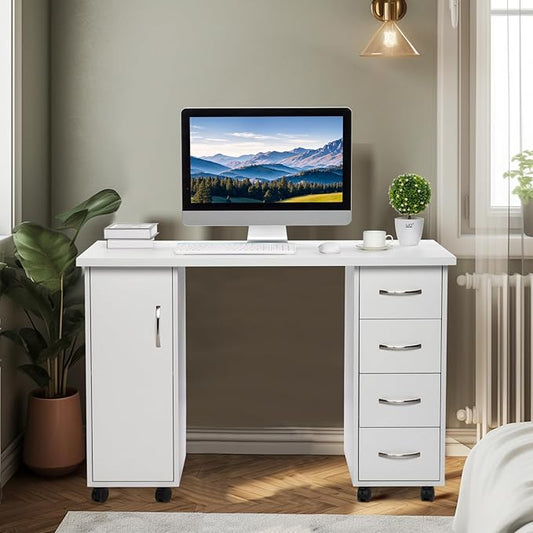 Mobile Computer Desk Rolling Office Table Rolling Computer Desk with Drawers and Door Home Office Desk Writing Table Executive Desk Student Desk with File Drawer for Bedroom White 110 x 45 x 80CM