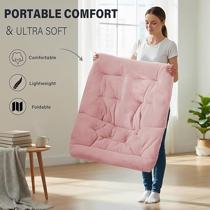 Tiita Folded Chair with Straight Ottoman Soft Faux Fur Oversized Folding Accent ChairLazy Chair Metal Frame Moon Chair for Bedroom Living Room Dorm Rooms Garden and Courtyard Pink