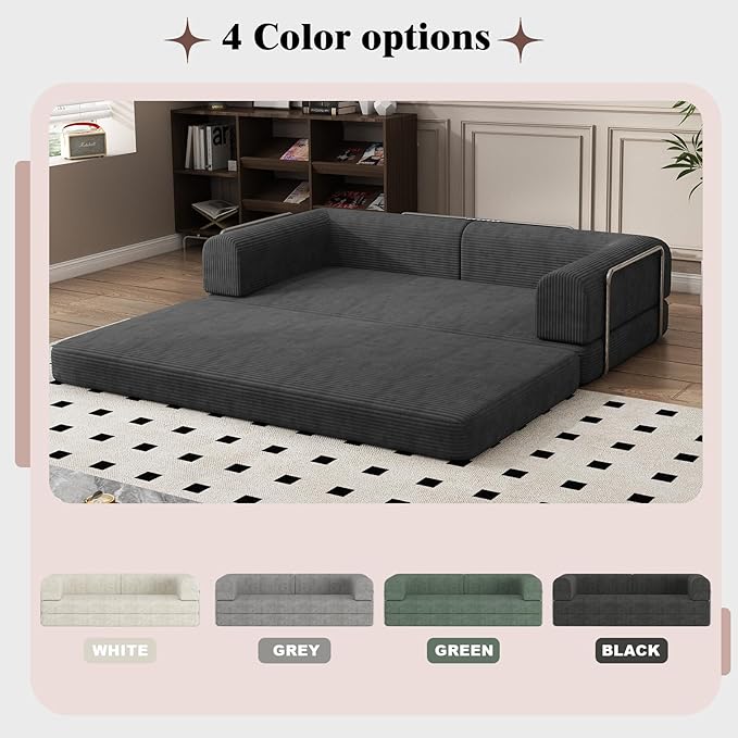 Convertible Corduroy Sleeper Sofa BedFolding Mattress Couch with Fixed-Shape Frame 3 Seater Fold Out King Size FutonNo Assembly Floor Couch for Living Room Dorm Studio 78.7*39.4*29.6 in Black