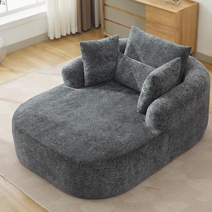 Oversized Chaise Longue Chair Indoor Modern Upholstered Chenille Deep Seat Sofa Bed with Throw Pillows and Armrests Sleeper Sofa Couch for Living Room Bedroom Apartment (Grey)