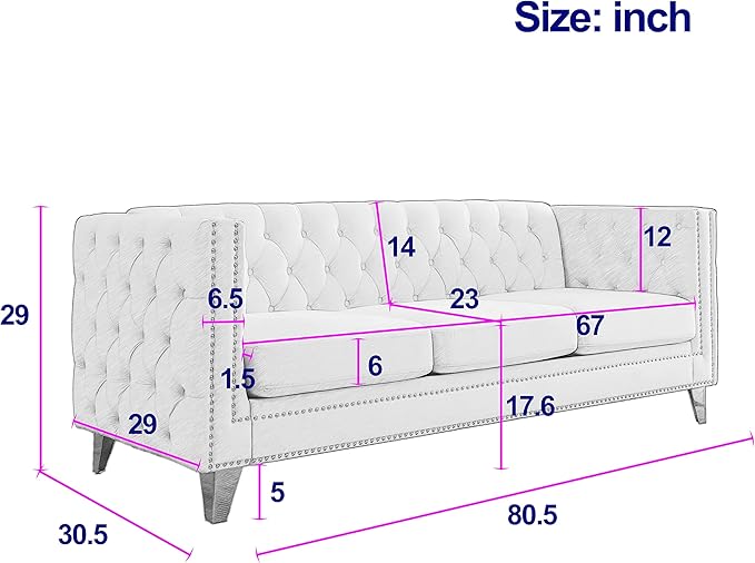 KEIKI Tufted Velvet 3+3 Seat Sofa Couch for Living Room Buttons Tufted Square Arm Couch for Home Apartment Black