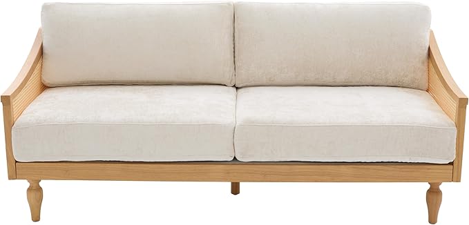 Christopher Knight Home Harper Mid-Century Loveseat Sofa Couch 2-Seater Lounge Sofa with Rattan Armrests and Wooden Legs Chenille Upholstered Couches for Living Room and Small Space Natural