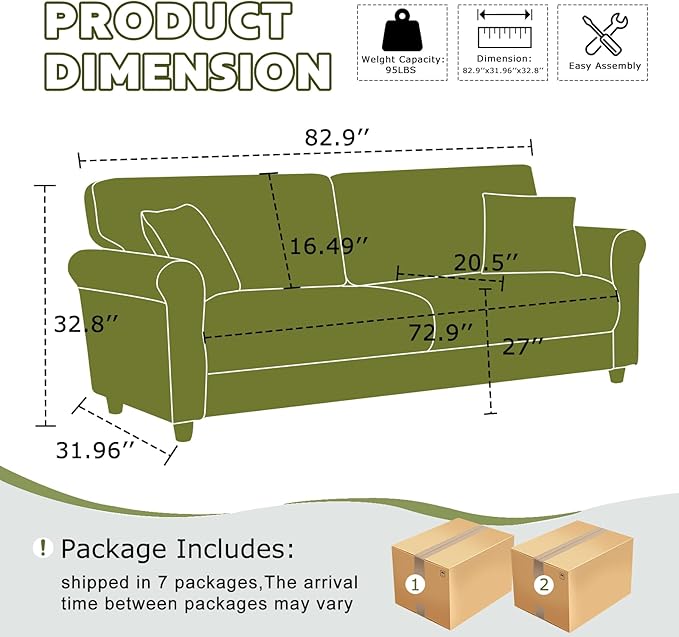 82.48 Velvet Upholstered Sofa Couch3 Seater Couch Loveseat Sofa Furniture Comfy Couches for Living Room Bedroom Small Space (Green)