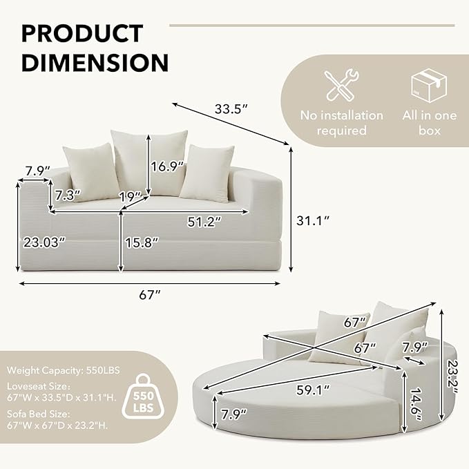 Round Boneless Couch Corduroy Upholstered Folding Convertible Sofa Bed with Pillows 2-in-1 Futon Sofa Bed with Half-Circle Design Comfy Loveseat for Living Room Apartment (Beige)