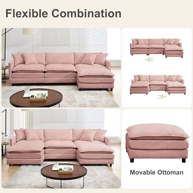 Modular Sectional Sofa Convertible U Shaped Cloud Couch with Memory Foam Comfy Modular Sofa with Ottomans Chenille Fabric for Living Room