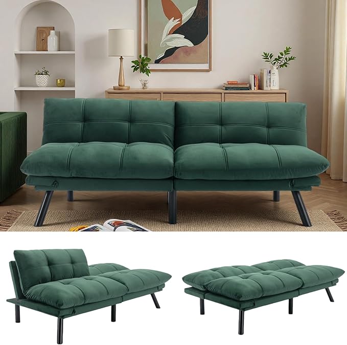 71-inch Microfiber Upholstered Futon Sofa Bed - 2 Seats Adjustable Arms/Back Iron Legs | Convertible to Sleeper for Main Living Spaces Bedrooms Offices (Emerald +2Seat)