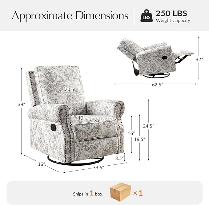 HULALA Home Modern Rocker Recliner Printed Fabric Swivel Glider with Adjustable Backrest &amp Footrest Beige