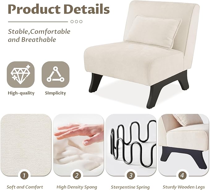 Upholstered Armless Accent ChairModern Comfy Living Room Chairs with Wooden Legs&amp PillowsLounge Sofa Side Corner Chair for Bedroom Farmhouse Reading (Beige 1 PC)