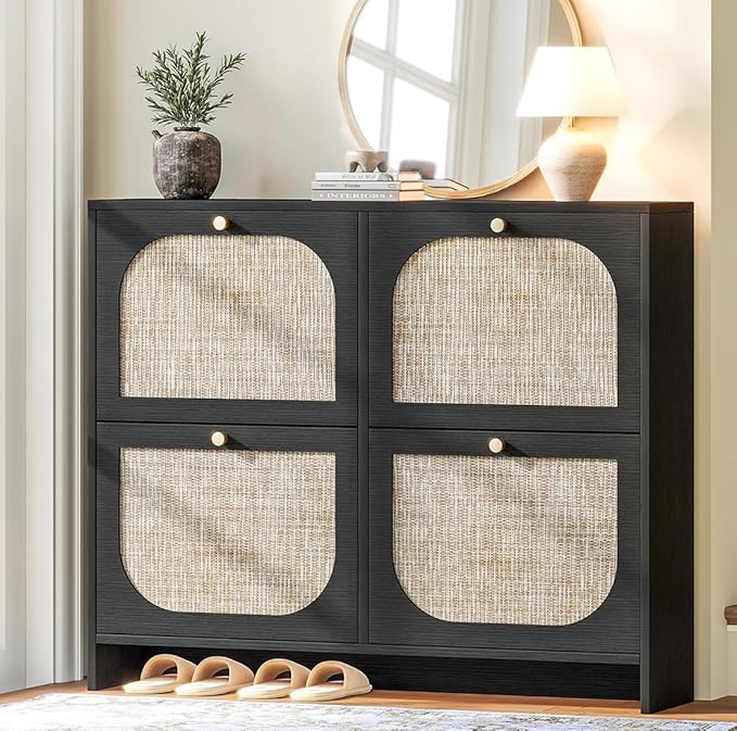 Nicetree Freestanding Arched Rattan Accent Ultra Slim Shoe Cabinet for Entryway - 4 Flip Drawers &amp 3-Tier Adjustable Shelves Farmhouse Modern Rustic Shoe Rack for Hallway Foyer Living RoomBlack