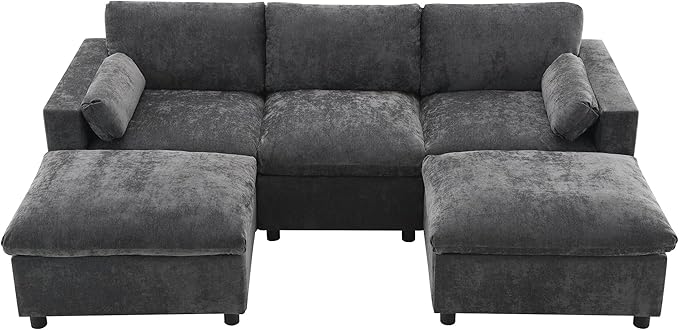 kevinplus 86.5'' Sectional Sofa Couch with Ottoman for Living Room Modern Contemporary 3-Seat Sectional Sofa Couch for Apartment Chenille Fabric Dark Gray