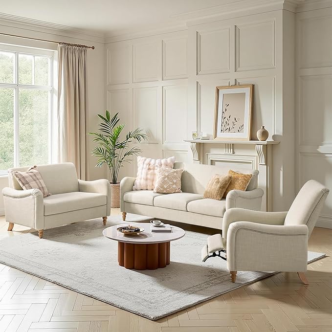 HULALA HOME 50.5 Loveseat Sofa with Solid Wood Spindle Legs 2 Seater Farmhouse Sofa with Rolled Wide Armrests Comfy Upholstered Small Couch for Living Room Bedroom Linen