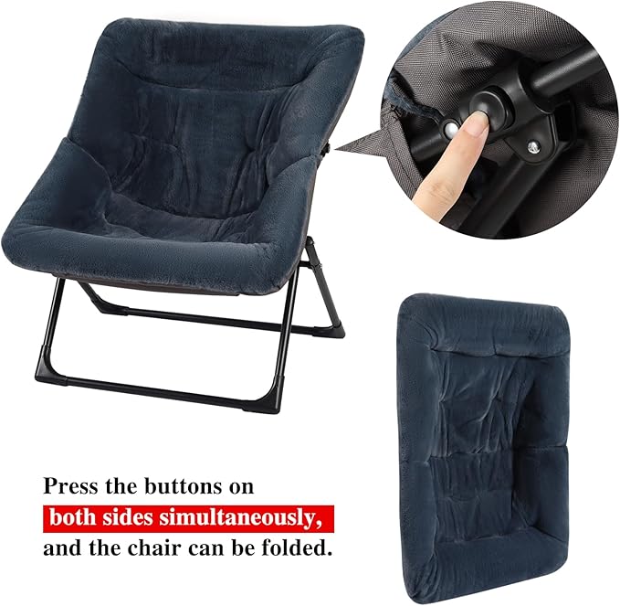 Comfy Saucer Chair for Adults Soft Faux Fur Bedroom Chair Accent Dorm Chairs Flexible Living Room Reading Chairs Oversized Folding Seat for Teens X-Large Navy Blue