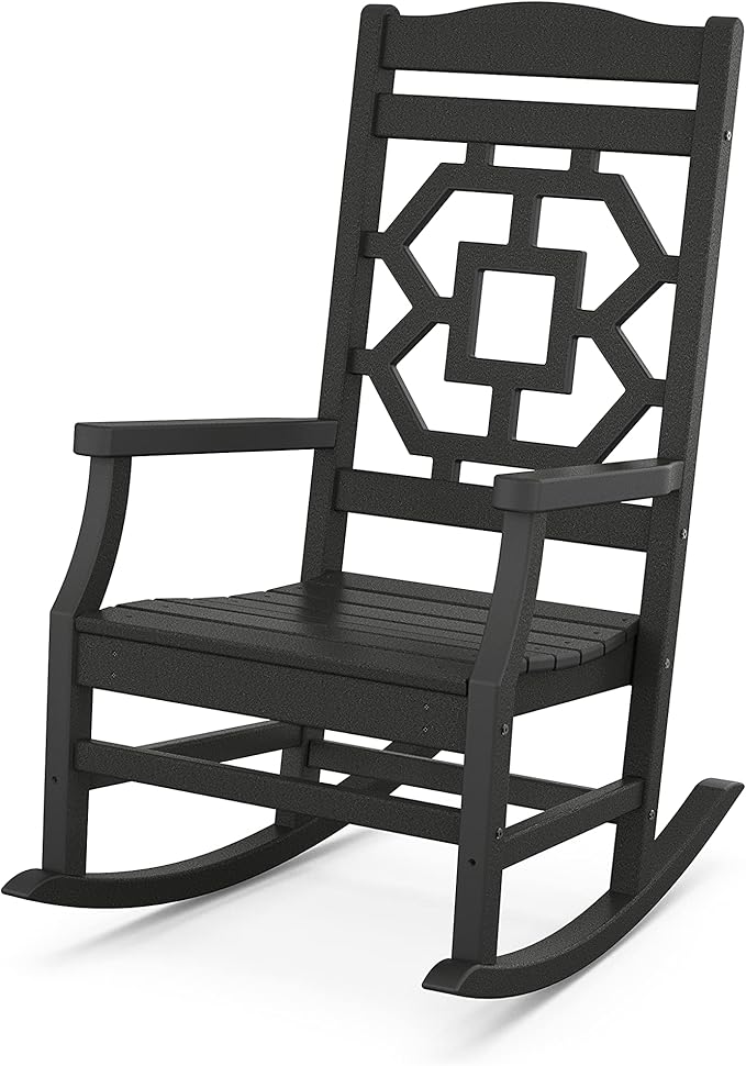 Martha Stewart by POLYWOOD Chinoiserie Outdoor Rocking Chair Black Durable HDPE All-Weather Patio Furniture with Decorative Lattice Classic Porch Rocker for Deck Garden &amp Backyard Made in the
