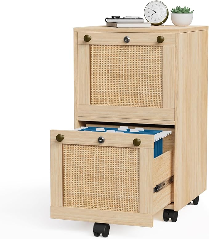 VINGLI 2 Drawer File Cabinet with Lock Rolling File Cabinets for Home Office Small Printer Stand Wood Rattan Oak File Organizer Under Desk Filing Cabinet on Wheels for Folders with Tabs