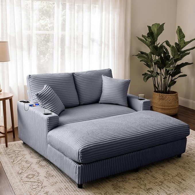 64 Chaise Lounge Indoor Oversized Chaise Lounge Chair with 2 PillowsUSB Charger Cup Holder Corduroy Sofa Bed Lazy Sleeper Couch Reading Chair for Apartment Grey