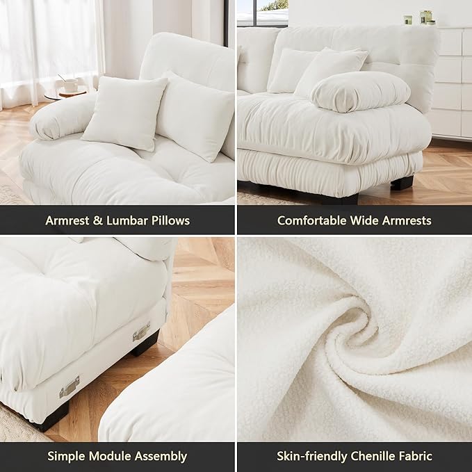 Setawix Luxury Modular Sectional Sofa Couch with Deep SeatOversized L-Shaped 4 Seater Sofas with Curved ArmrestComfy Chenille Cloud Couch for Living RoomWhite