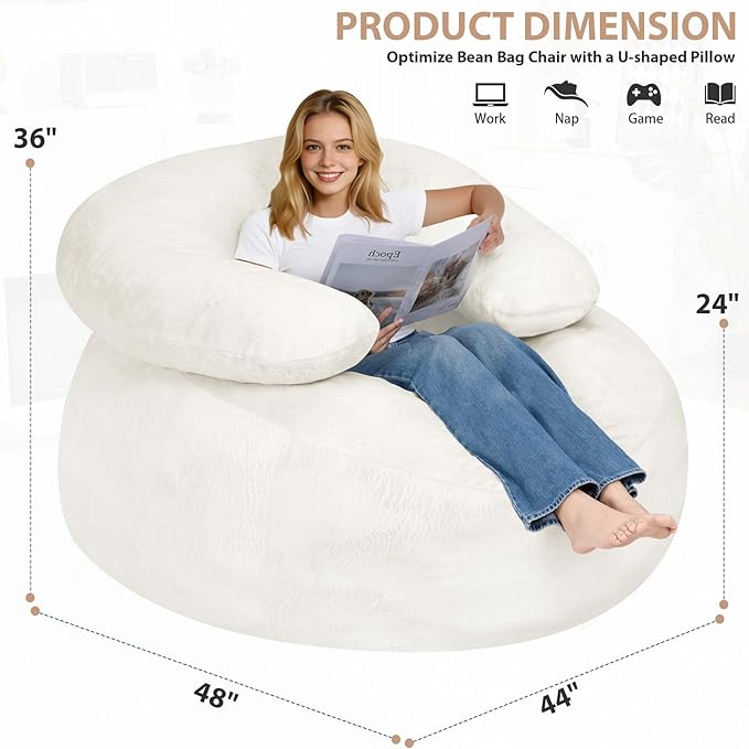 HABUTWAY Giant Bean Bag Chair Oversized Beanbag Chair with Filler Ultra Soft Faux Fur Bean Bag Lounge Floor Sofa w/U-Shaped Pillow for Gaming Reading Beige &amp Beige