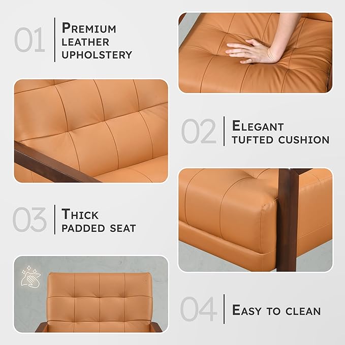 Lexicon Modern Accent Chair Luxury Genuine Leather Match Living Room Chair with Tufted Cushions Solid Wood Frame and Arm Rest Comfy Upholstered Single Seat for Bedroom/Reading/Office Orange