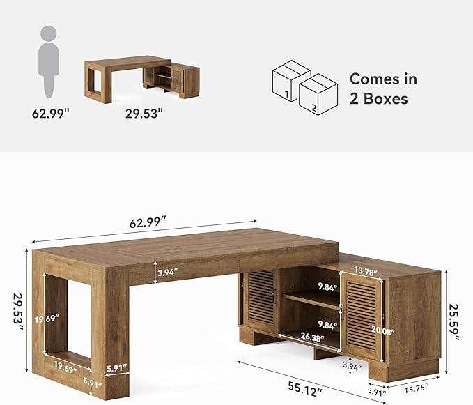 LITTLE TREE 63 L Shaped Executive Desk with Storage Farmhouse Home Office Desk with 2-Tier Cabinets and Shelves Large Wooden Computer Table Business Furniture Workstation Set Brown