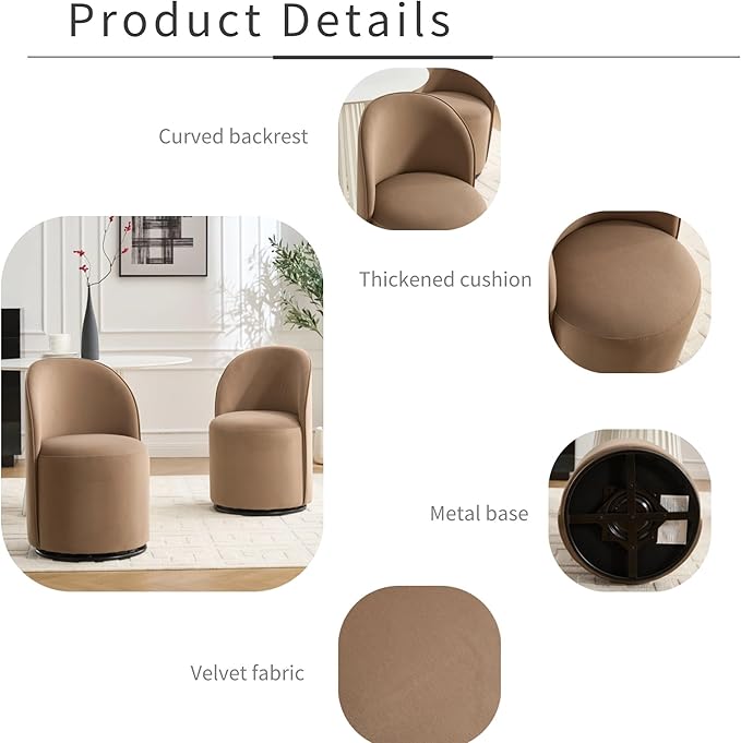 KEIKI Upholstered Swivel Barrel Chair Mid-Century Modern Velvet Accent Armchair for Living Room Bedroom or Vanity 360° Rotating Sofa Chair Brown