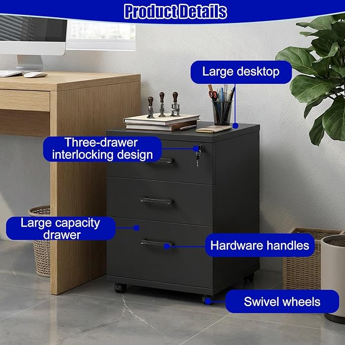 3-Drawer File Cabinet Mobile Filing Cabinet with Lock Under Desk File Organizer for Home Office Fits Letter/Legal/A4 Files Under Desk Fully Assembled Except Casters(White)