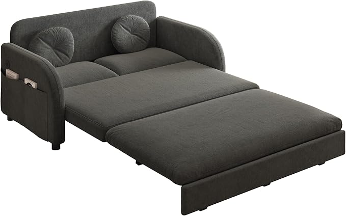 52.4'' Pull Out Couch Full-Size Futon Sofa Bed Convertible Sleeper Sofa Bed with USB Port Storage Pockets 2 Pillows Modern Chenille Loveseat Couches for Small Space Living Room Grey