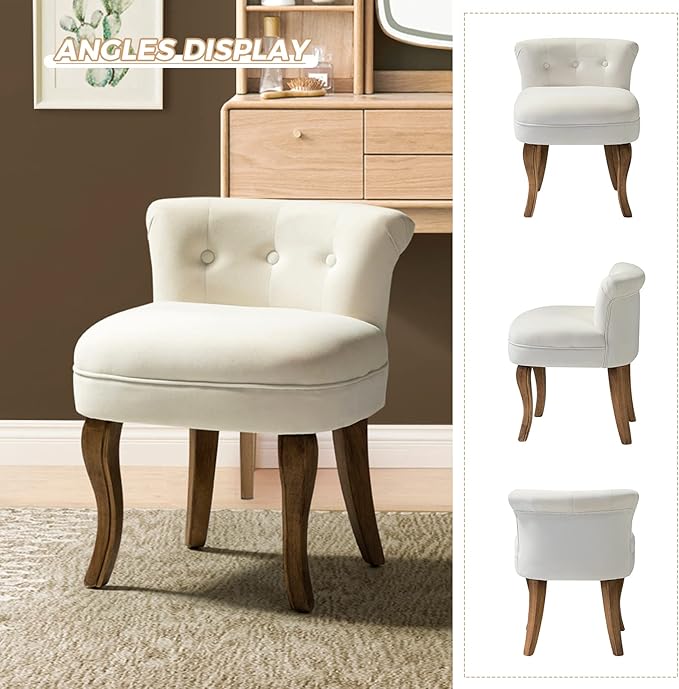 HULALA HOME Velvet Vanity Stool with Low Back Modern Vanity Chair with Solid Wood Legs Small Upholstered Makeup Chair Home Decor for Bedroom Living Room Dressing Table Women Girls Ivory