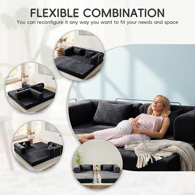 5-in-1 Convertible Folding Sofa Bed 79 Queen Chenille Boneless Couch with Removable Armrests No Assembly Loveseat Sleeper Sofa Modular Futon Couch for Living Room &amp Bedroom (Black)