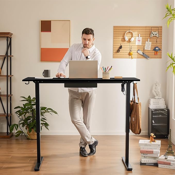NEWBULIG Electric Standing Desk Height Adjustable Sit Stand Home Office Computer Desks with Drawer 63 x 24 Inches Black Top and Frame