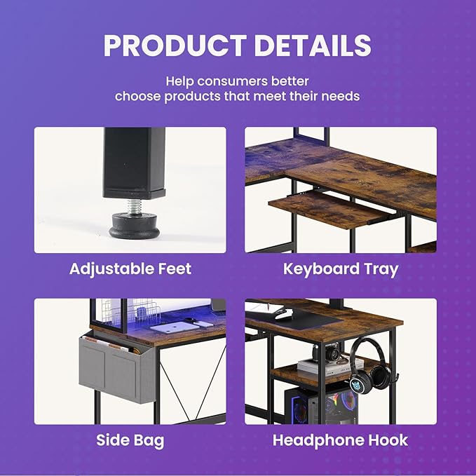 DUMOS L Shaped Gaming Desk 67” Reversible Computer Desks with Led Lights Corner Table with Keyboard Tray Side Bag Storage Shelf Metal Frame Wood Writing for Home Office Bedroom Brown