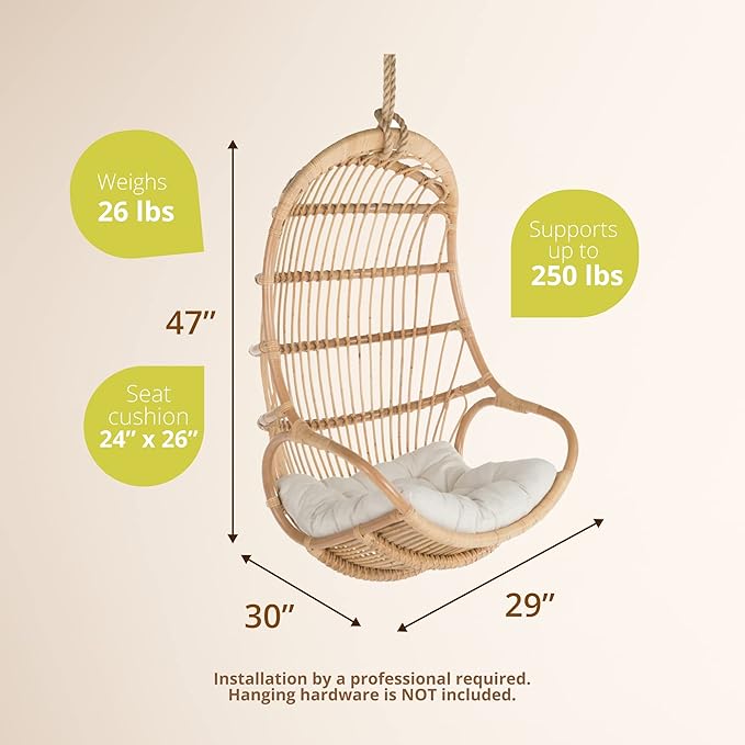 KOUBOO Hanging Rattan Swing Chair with Seat Cushion Handwoven Natural Rattan Chair Coastal Home Decor Furniture for Bedroom Living Room &amp Sun Room Natural